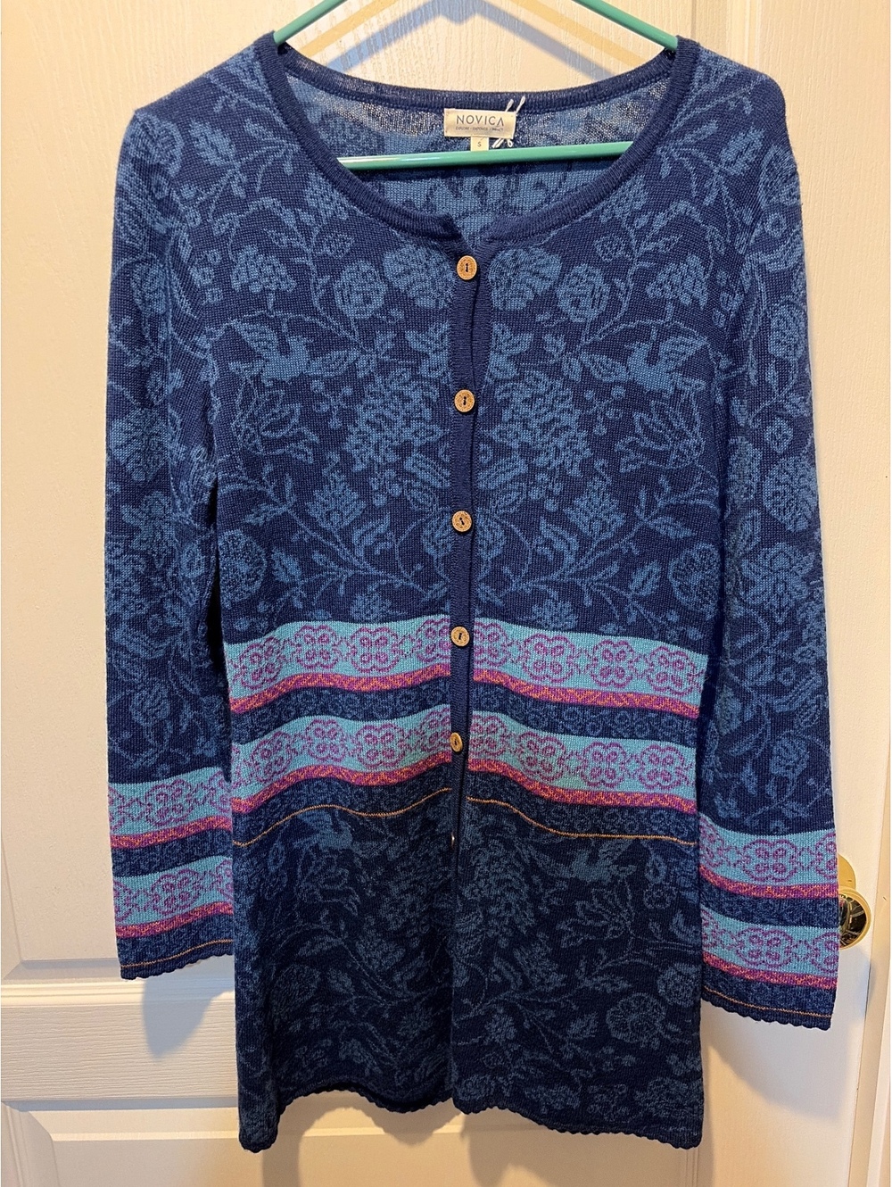 Novica Women's Blue Floral Pattern Button-Up Cardigan Sweater Size S